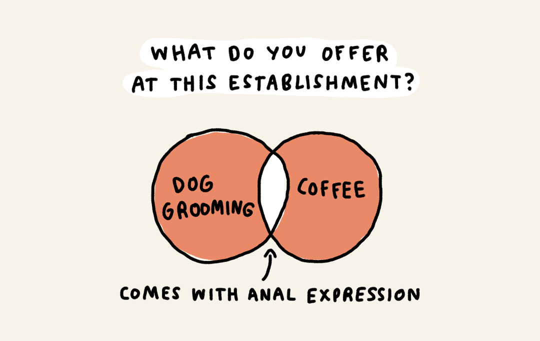 What do you offer at this establishment?

Dog grooming + coffee = comes with anal expression